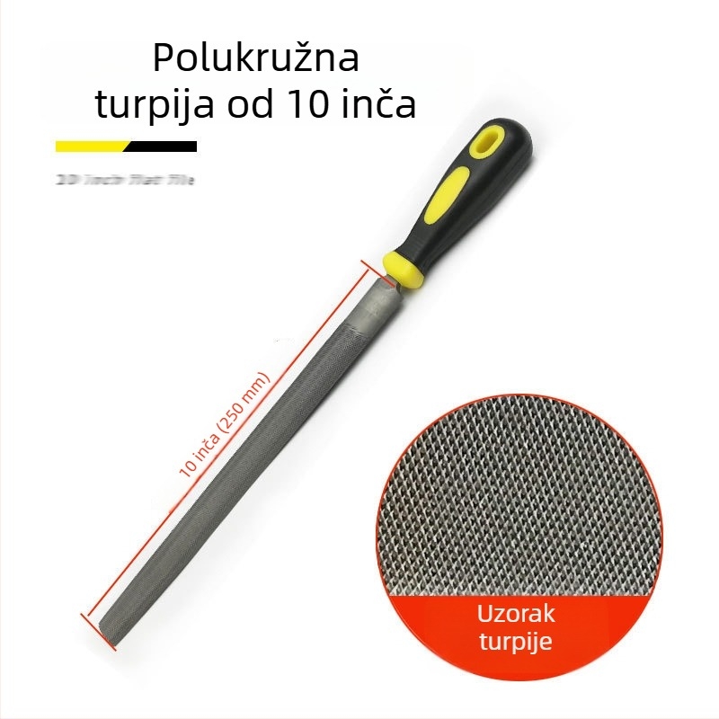 Set metalnih fajlova s ravnim, polukružnim, trokutastim, kvadratnim i kružnim oblikom; veličine 6–12 inča; visoko ugljični čelik.