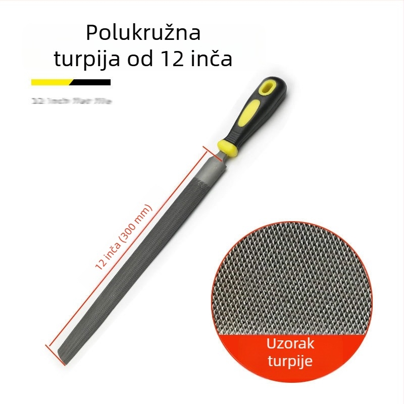 Set metalnih fajlova s ravnim, polukružnim, trokutastim, kvadratnim i kružnim oblikom; veličine 6–12 inča; visoko ugljični čelik.