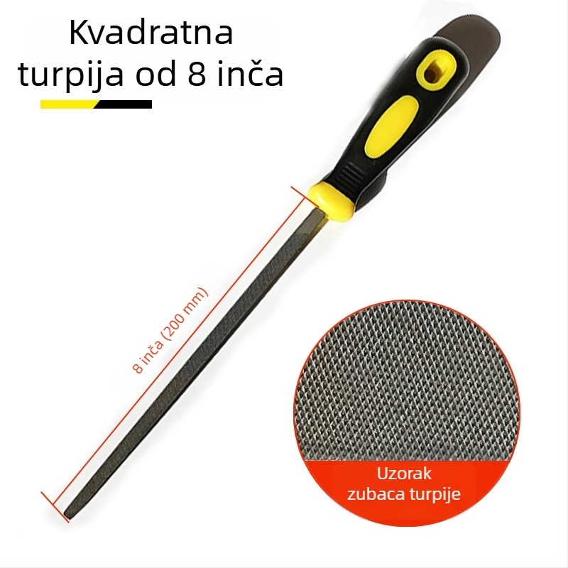 Set metalnih fajlova s ravnim, polukružnim, trokutastim, kvadratnim i kružnim oblikom; veličine 6–12 inča; visoko ugljični čelik.
