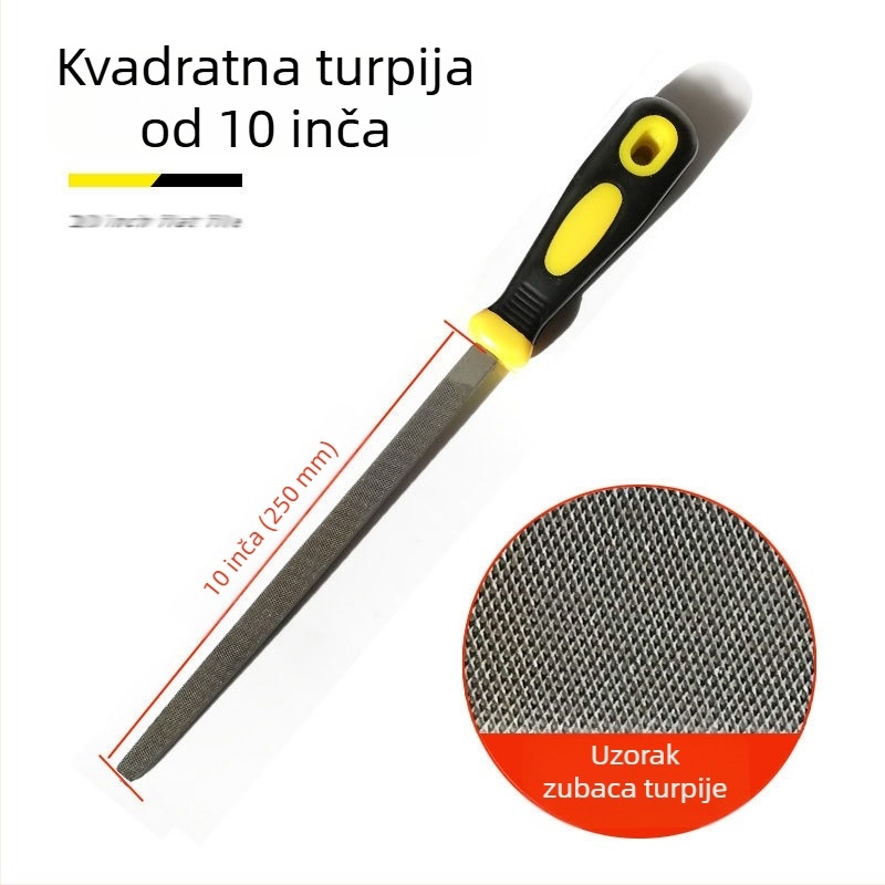 Set metalnih fajlova s ravnim, polukružnim, trokutastim, kvadratnim i kružnim oblikom; veličine 6–12 inča; visoko ugljični čelik.
