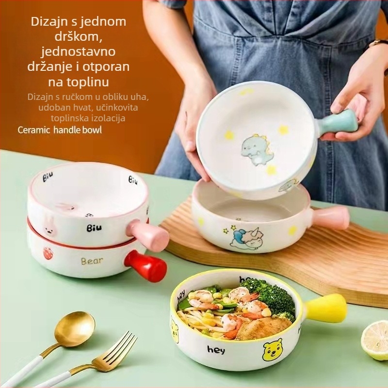 Porcelanska zdjela s drškom, mikrovalna sigurna, okrugla zdjela za voćnu salatu i rezance, crtani uzorak, moderni minimalistički stil, mogućnost prilagođenog logotipa