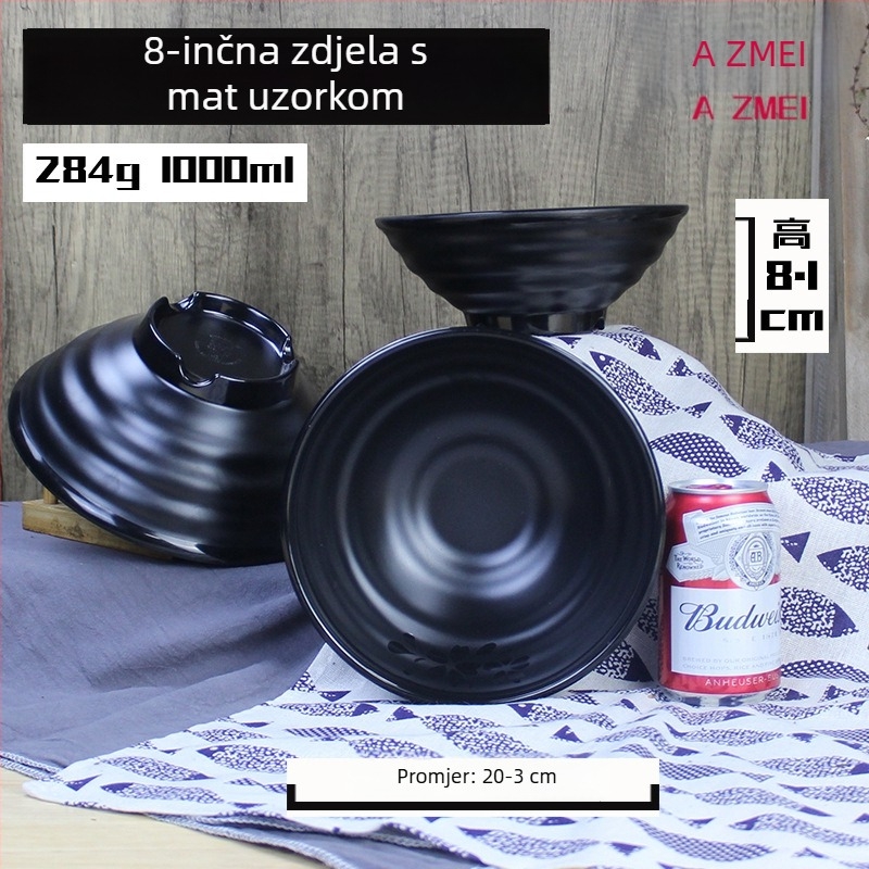 Crna melaminska zdjela za rezance, matirani uzorak cvijeta trešnje, japanski stil, okrugla, imitacija porculana za ramen, komercijalna upotreba
