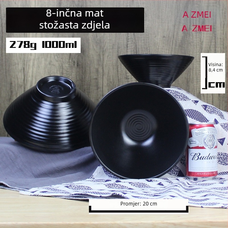 Crna melaminska zdjela za rezance, matirani uzorak cvijeta trešnje, japanski stil, okrugla, imitacija porculana za ramen, komercijalna upotreba