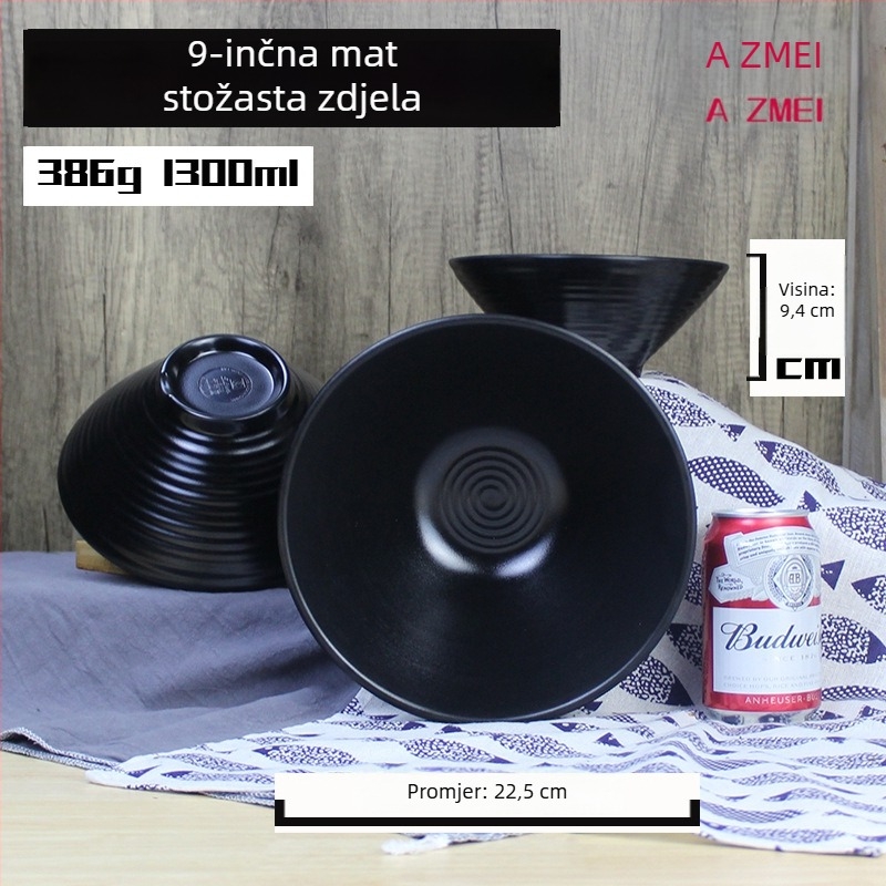 Crna melaminska zdjela za rezance, matirani uzorak cvijeta trešnje, japanski stil, okrugla, imitacija porculana za ramen, komercijalna upotreba
