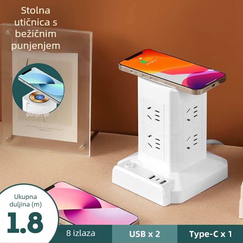 Toranj-stil vertikalni produžni kabel s lampom i bežičnim punjenjem – kućni ured