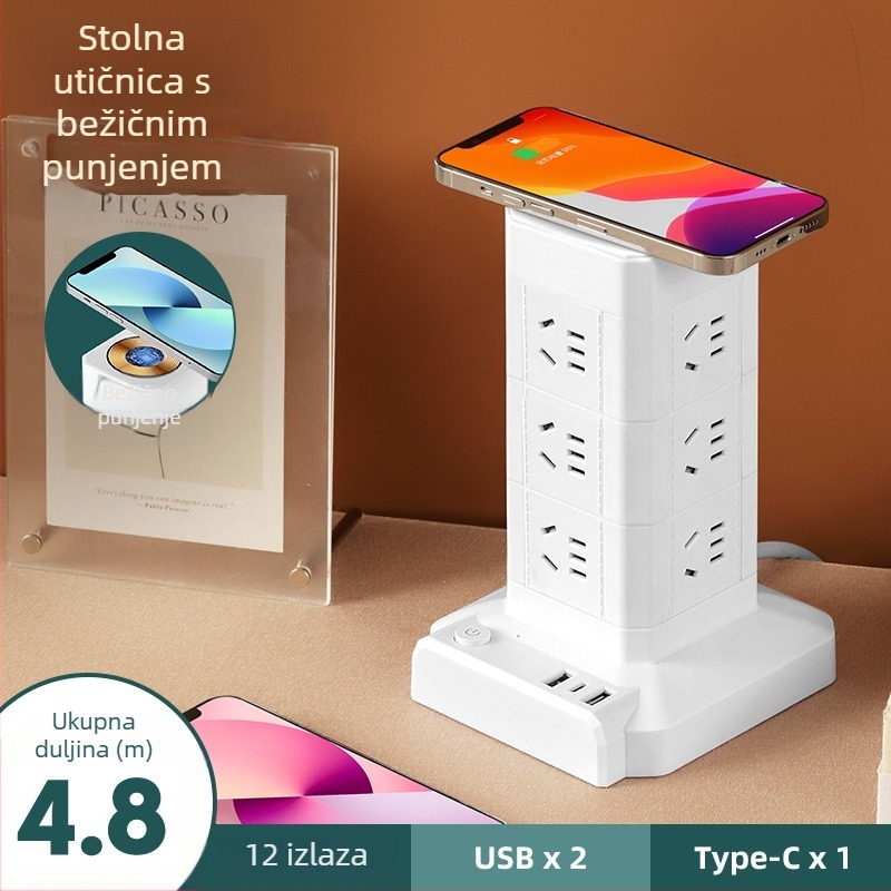 Toranj-stil vertikalni produžni kabel s lampom i bežičnim punjenjem – kućni ured