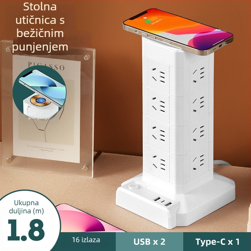 Toranj-stil vertikalni produžni kabel s lampom i bežičnim punjenjem – kućni ured