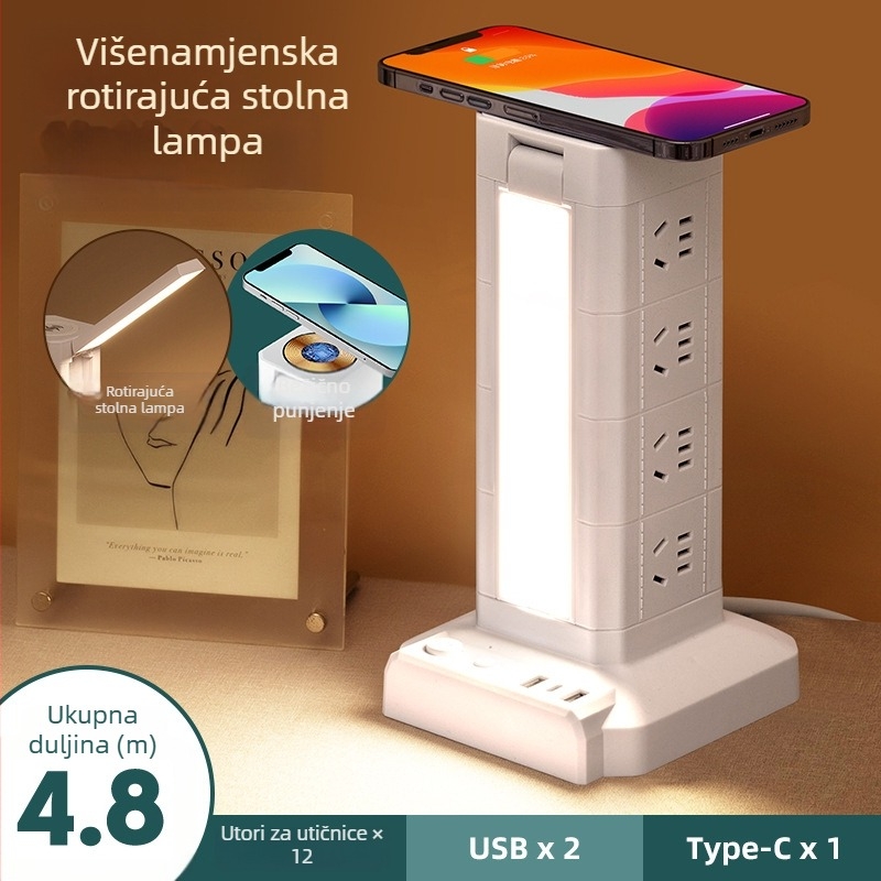 Toranj-stil vertikalni produžni kabel s lampom i bežičnim punjenjem – kućni ured