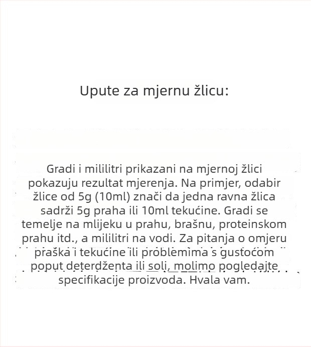 Set mjernih žlica: 20 g mlijeka u prahu, 40 ml graduirana tekuća žlica, voćni prah, proteinski prah, žitarice i višenamenska žlica
