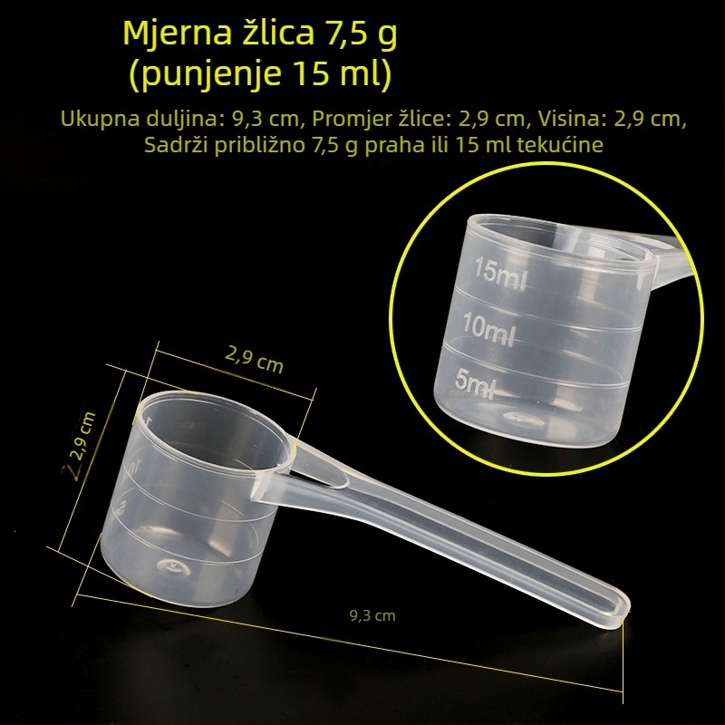 Set mjernih žlica: 20 g mlijeka u prahu, 40 ml graduirana tekuća žlica, voćni prah, proteinski prah, žitarice i višenamenska žlica