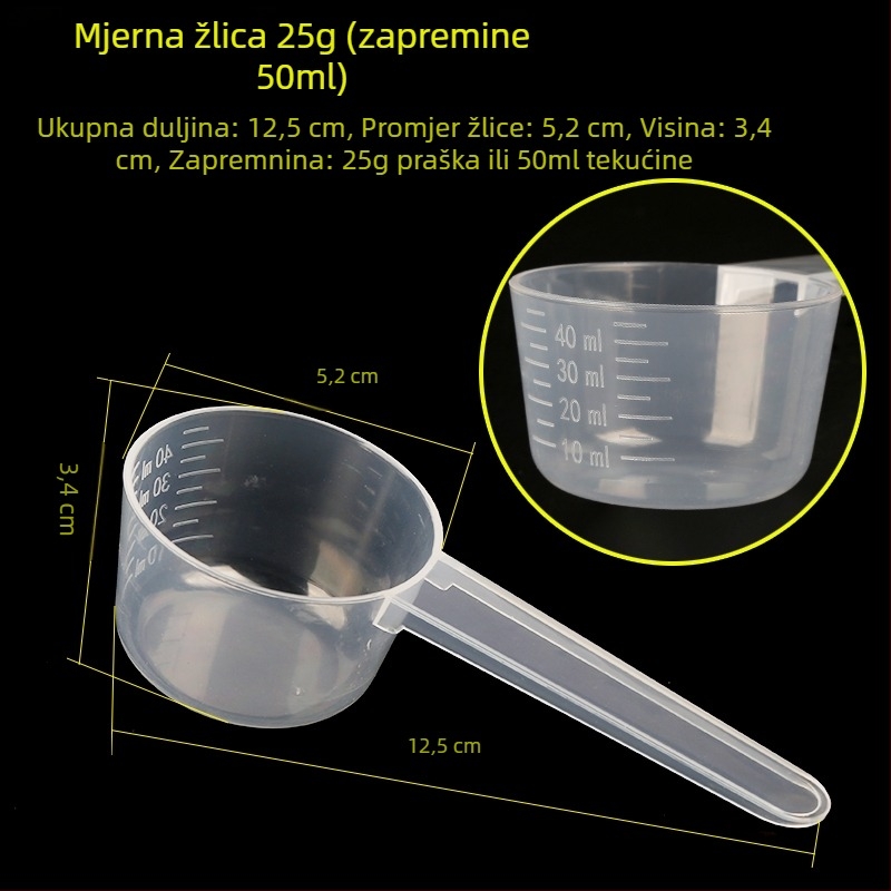 Set mjernih žlica: 20 g mlijeka u prahu, 40 ml graduirana tekuća žlica, voćni prah, proteinski prah, žitarice i višenamenska žlica