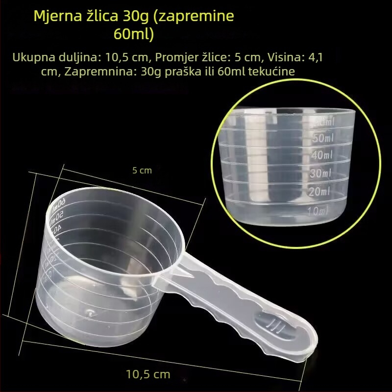 Set mjernih žlica: 20 g mlijeka u prahu, 40 ml graduirana tekuća žlica, voćni prah, proteinski prah, žitarice i višenamenska žlica