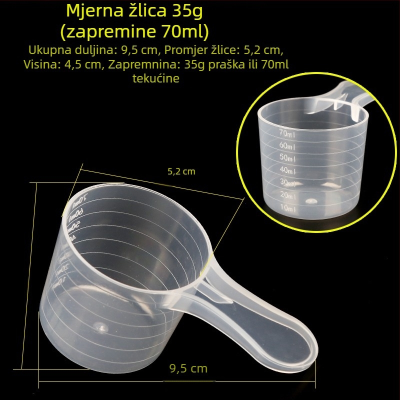 Set mjernih žlica: 20 g mlijeka u prahu, 40 ml graduirana tekuća žlica, voćni prah, proteinski prah, žitarice i višenamenska žlica