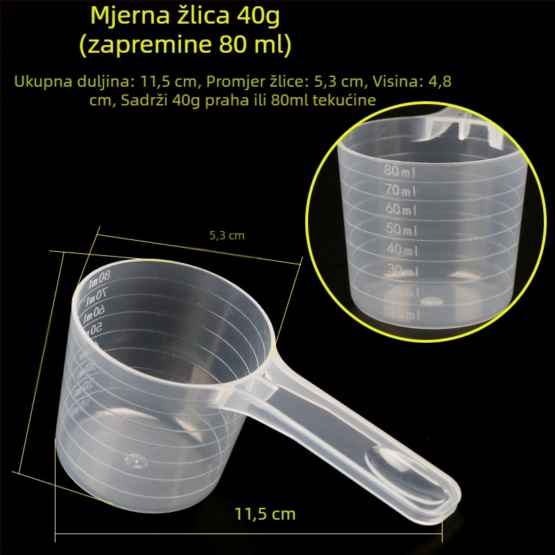Set mjernih žlica: 20 g mlijeka u prahu, 40 ml graduirana tekuća žlica, voćni prah, proteinski prah, žitarice i višenamenska žlica
