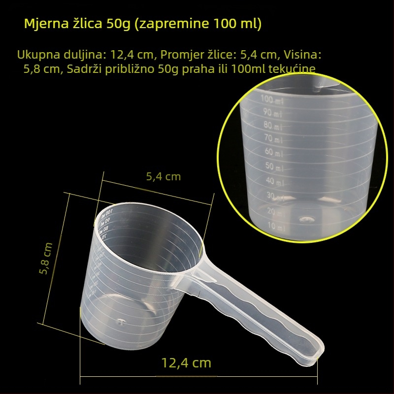 Set mjernih žlica: 20 g mlijeka u prahu, 40 ml graduirana tekuća žlica, voćni prah, proteinski prah, žitarice i višenamenska žlica