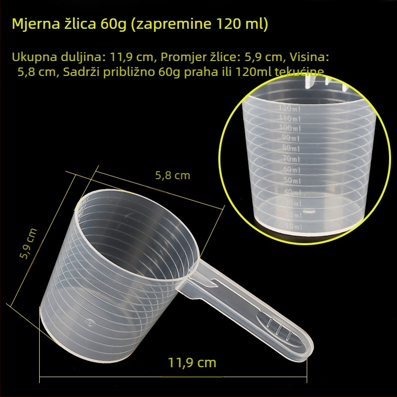 Set mjernih žlica: 20 g mlijeka u prahu, 40 ml graduirana tekuća žlica, voćni prah, proteinski prah, žitarice i višenamenska žlica
