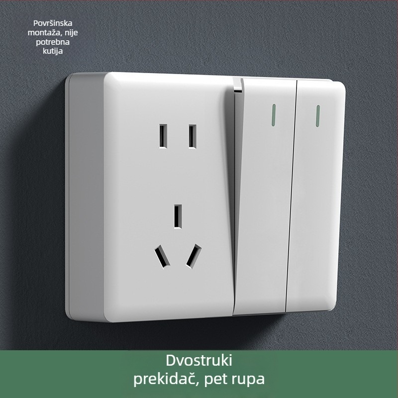 Površinsko montiran prekidač i utičnica, tip 86, veliki panel, utičnice s pet otvora i tri otvora, 16 A, za kućnu uporabu