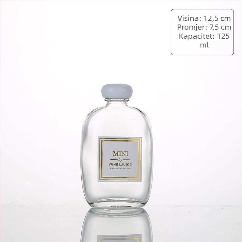 Staklena bočica za napitke – sok, vino i kava; proziran ili mat završetak; kapacitet 100–500 ml; zatvarači od drveta, aluminija, pluta ili polimera