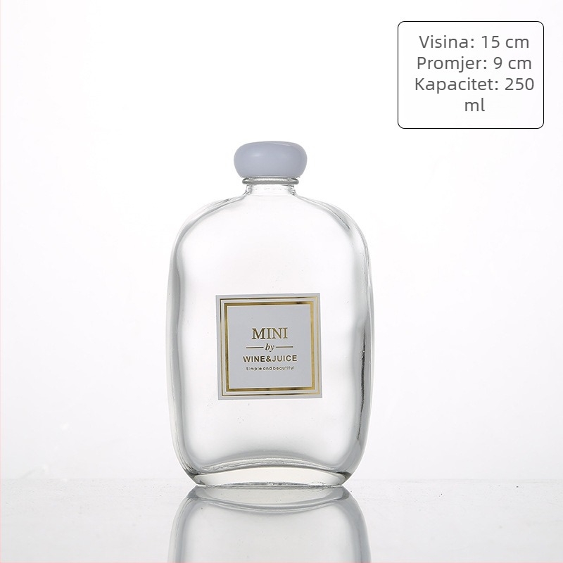 Staklena bočica za napitke – sok, vino i kava; proziran ili mat završetak; kapacitet 100–500 ml; zatvarači od drveta, aluminija, pluta ili polimera
