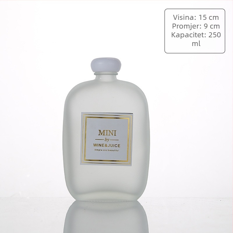 Staklena bočica za napitke – sok, vino i kava; proziran ili mat završetak; kapacitet 100–500 ml; zatvarači od drveta, aluminija, pluta ili polimera