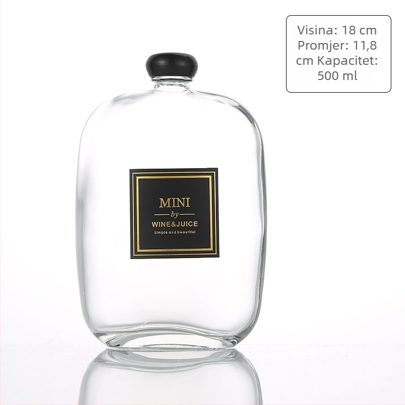 Staklena bočica za napitke – sok, vino i kava; proziran ili mat završetak; kapacitet 100–500 ml; zatvarači od drveta, aluminija, pluta ili polimera