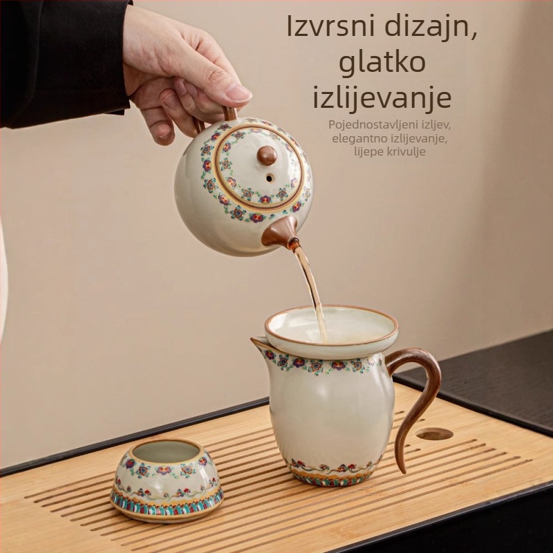 Ru Kiln keramički čajni set, 2025 novi model, lagani luksuzni retro stil za dom i ured, kompletni set za čajnu ceremoniju u kutiji za poklon, za 6–10 osoba