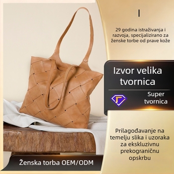 Ženska tote torba od kože prvog sloja goveda, narančasta, velika kapaciteta, geometrijski paneli, zatvarač, dvije ručke