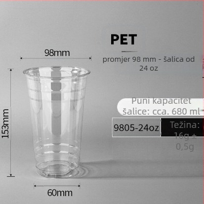 Jednokratna prozirna šalica za kavu za hladna pića i mliječni čaj, promjer 98 mm, kapacitet 500 ml