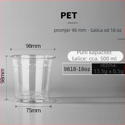 Jednokratna prozirna šalica za kavu za hladna pića i mliječni čaj, promjer 98 mm, kapacitet 500 ml