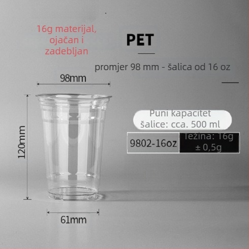 Jednokratna prozirna šalica za kavu za hladna pića i mliječni čaj, promjer 98 mm, kapacitet 500 ml