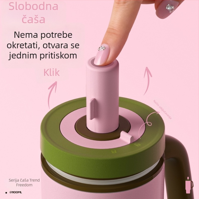 Izolirana čaša velikog kapaciteta od 316L nehrđajućeg čelika, s slamkom, za automobil, otvaranje jednim klikom