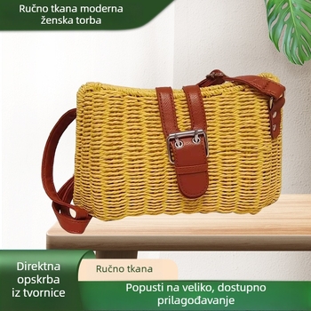Ručna pletena jednobojna slamena torba preko ramena, ženska torba za plažu