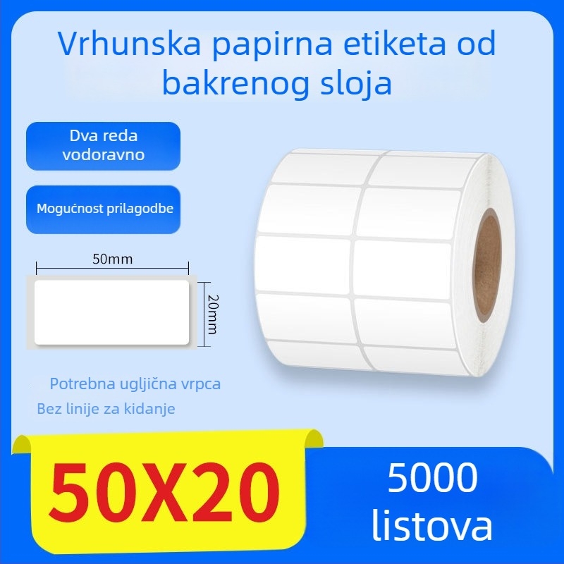 Papir za toplinski prijenos s samoljepljivim naljepnicama, naljepnica za informacije o proizvodu i bar kod, 70×50 mm