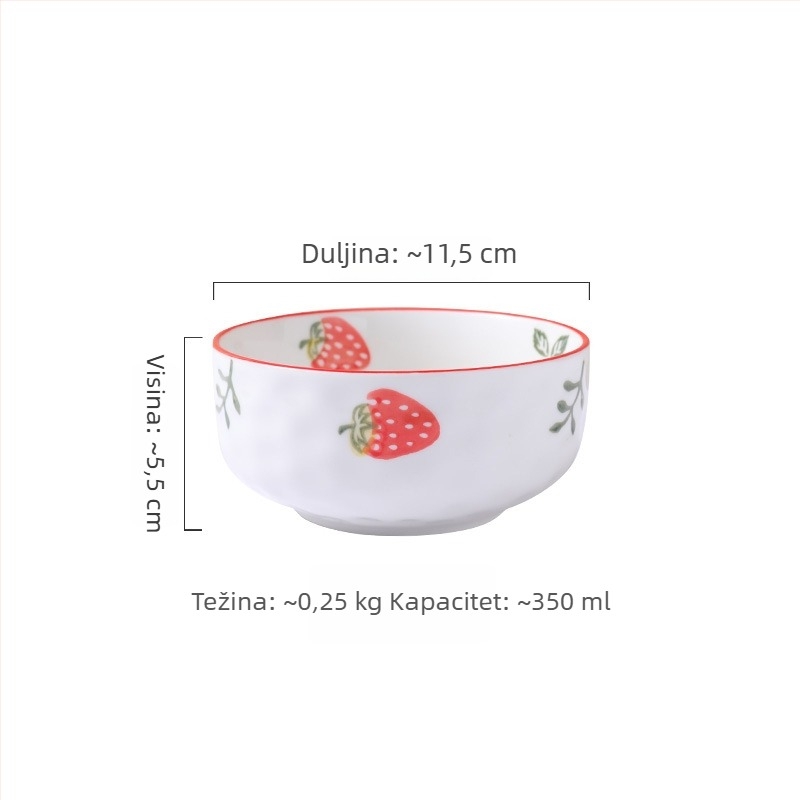 Kreativni keramički set posuđa za kućnu upotrebu s motivom voća; uključuje veliku zdjelu za juhu, zdjelu za rezance, zdjelice za užinu, tanjur i žlicu; konusne zdjele s podglazurnom bojom.