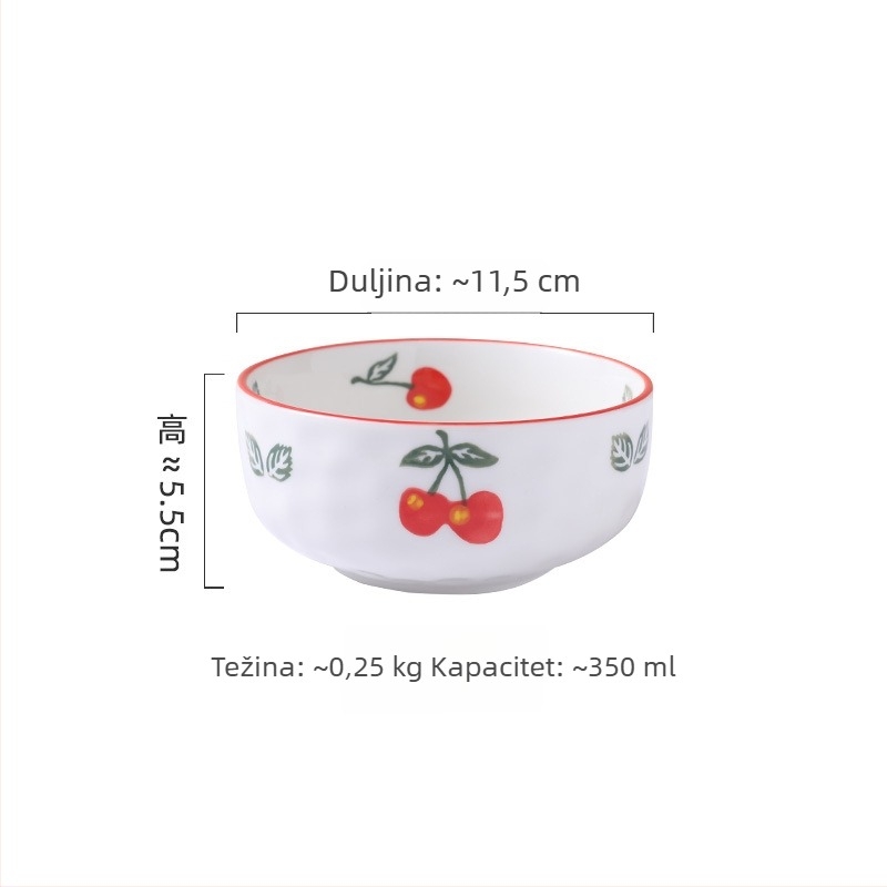 Kreativni keramički set posuđa za kućnu upotrebu s motivom voća; uključuje veliku zdjelu za juhu, zdjelu za rezance, zdjelice za užinu, tanjur i žlicu; konusne zdjele s podglazurnom bojom.