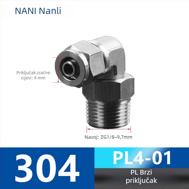304 nehrđajući čelik, pneumatski brzo-uvlačni spoj PL8-01 s maticom za zaključavanje, pravokutni kut s vanjskim navojem, univerzalni rotirajući pneumatski koljeno, 6-1