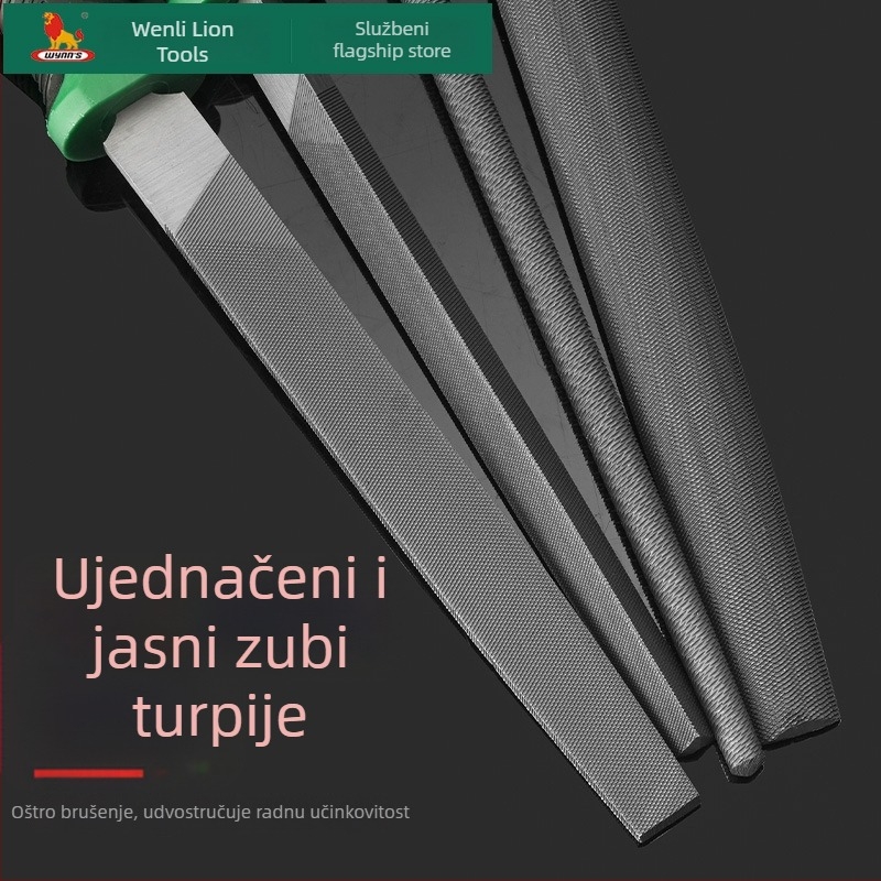 Power Lion set fajlova – razni fajlovi (trokutasti, kružni, ravni, polukružni) od T12 čelika, s držačem, duljine 200–300 mm