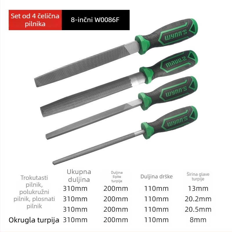 Power Lion set fajlova – razni fajlovi (trokutasti, kružni, ravni, polukružni) od T12 čelika, s držačem, duljine 200–300 mm