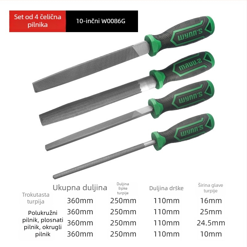 Power Lion set fajlova – razni fajlovi (trokutasti, kružni, ravni, polukružni) od T12 čelika, s držačem, duljine 200–300 mm