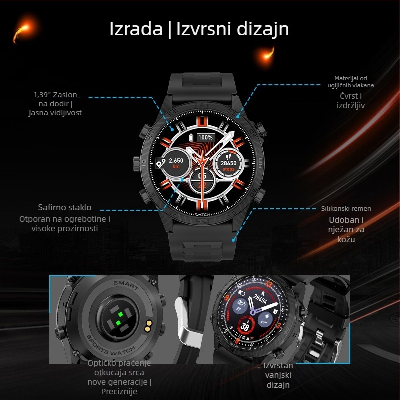 GS CARBON Bluetooth HD pametni sat sa zdravstvenim i sportskim funkcijama, višefunkcijski sat za pozive