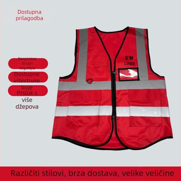 Prozračna biciklistička vesta s višestrukim džepovima, stražnjim dijelom u obliku repa, fluorescirajuća reflektirajuća mreža s motivom breskve.
