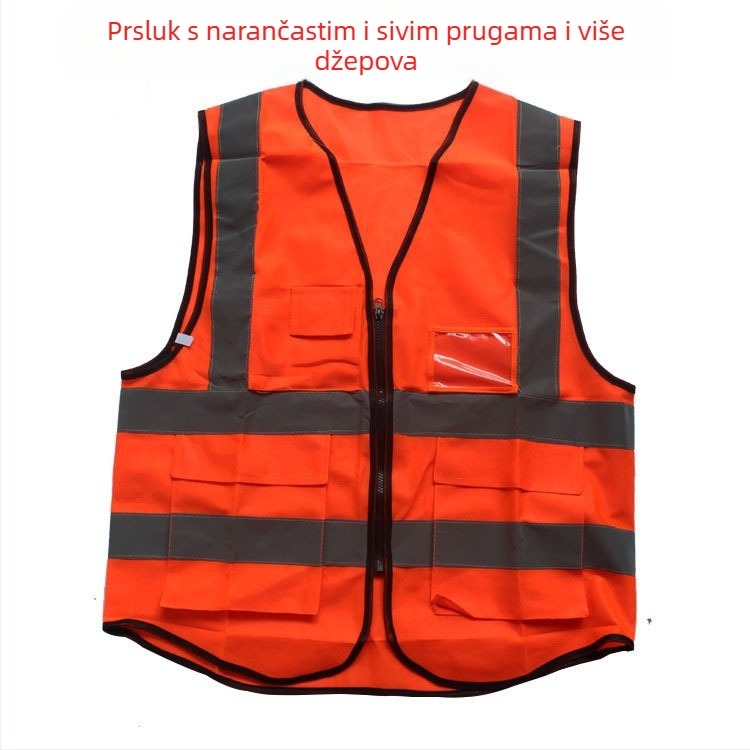 Prozračna biciklistička vesta s višestrukim džepovima, stražnjim dijelom u obliku repa, fluorescirajuća reflektirajuća mreža s motivom breskve.