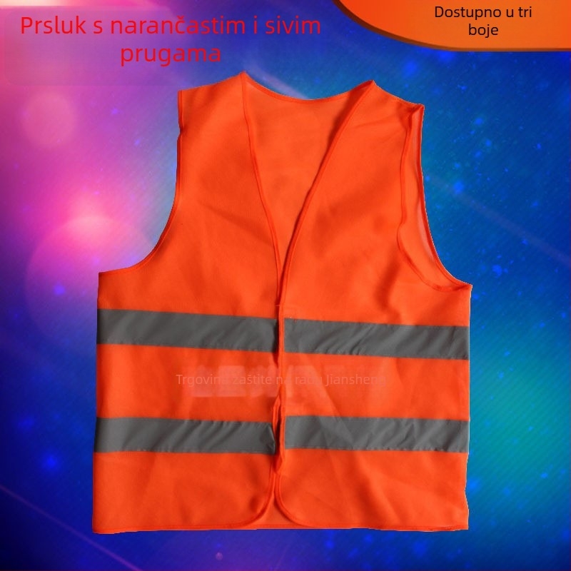 Prozračna biciklistička vesta s višestrukim džepovima, stražnjim dijelom u obliku repa, fluorescirajuća reflektirajuća mreža s motivom breskve.