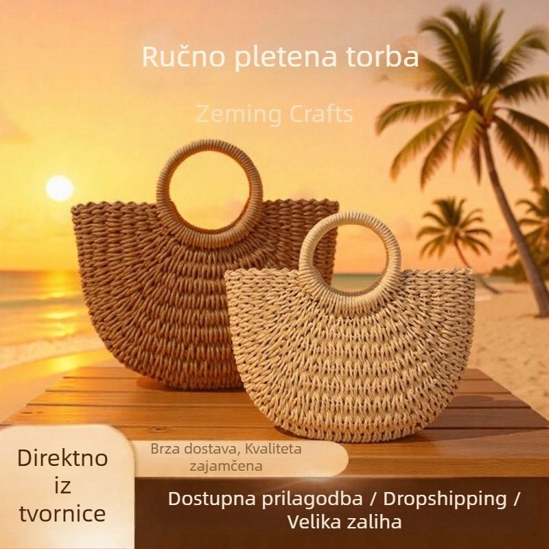 Tkana slamnata torbica s papirnatim užetom, retro kružna košara torba za plažu