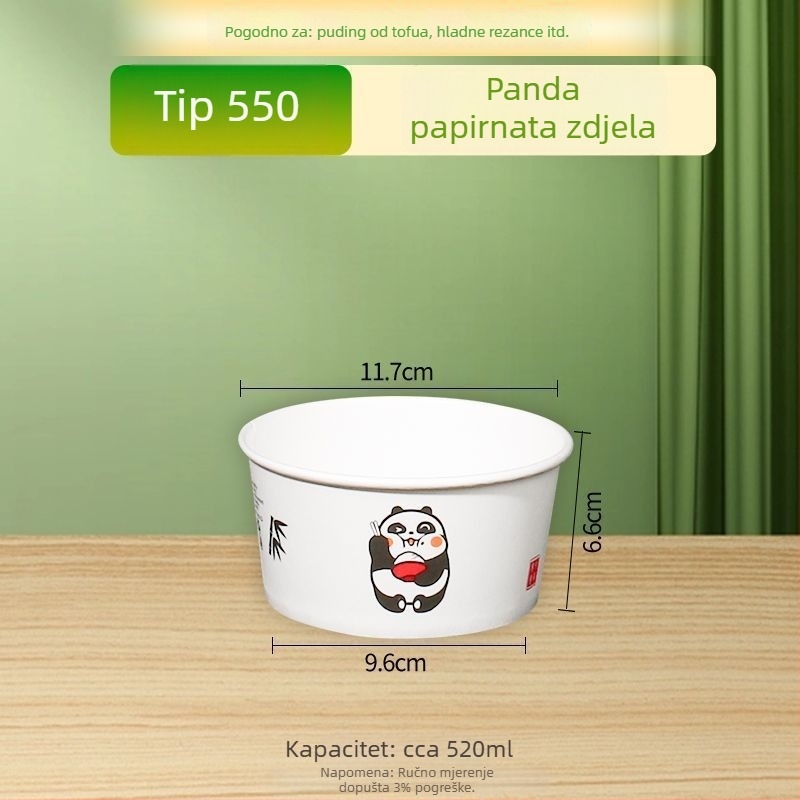 Jednokratna papirnata zdjela prirodne boje, debela, okrugla kutija za obrok, za dom i van, za voće, kampiranje i instant nudle, Panda otisak