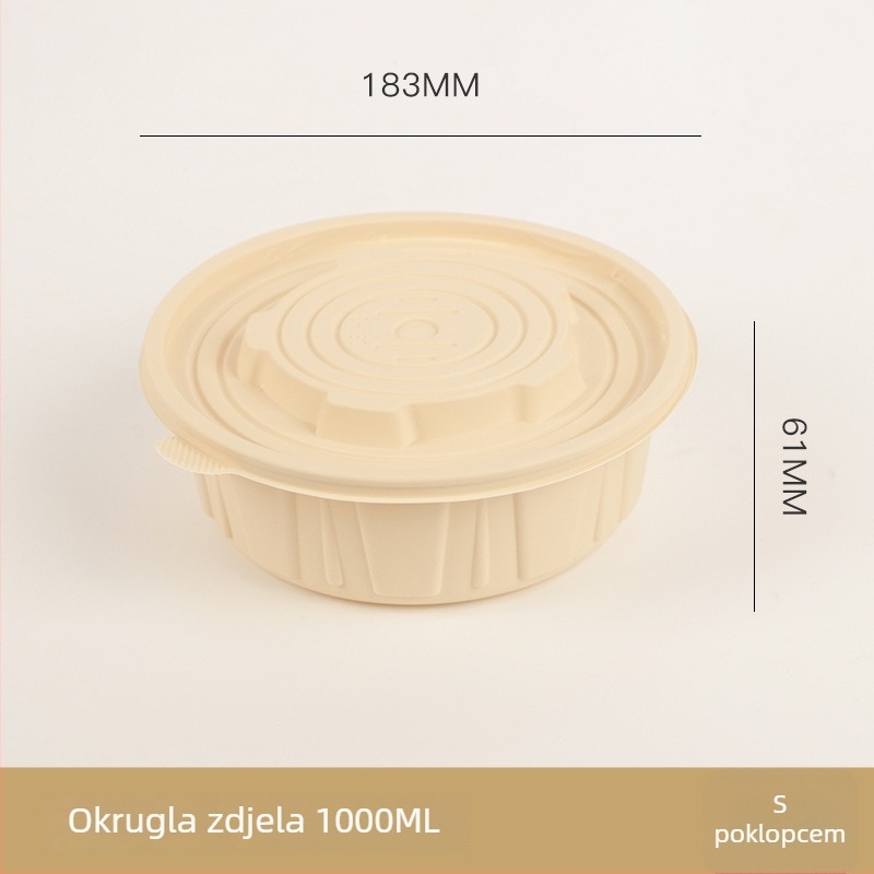 Jednokratna zdjela za hranu od kukuričinog škroba, biološki razgradiva, s poklopcem, kružnog oblika s kariranim uzorkom, debela za ponijeti obrok.