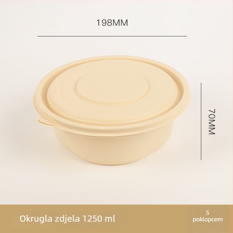 Jednokratna zdjela za hranu od kukuričinog škroba, biološki razgradiva, s poklopcem, kružnog oblika s kariranim uzorkom, debela za ponijeti obrok.