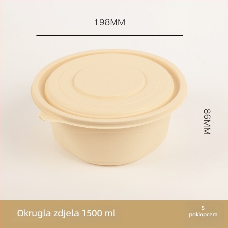 Jednokratna zdjela za hranu od kukuričinog škroba, biološki razgradiva, s poklopcem, kružnog oblika s kariranim uzorkom, debela za ponijeti obrok.