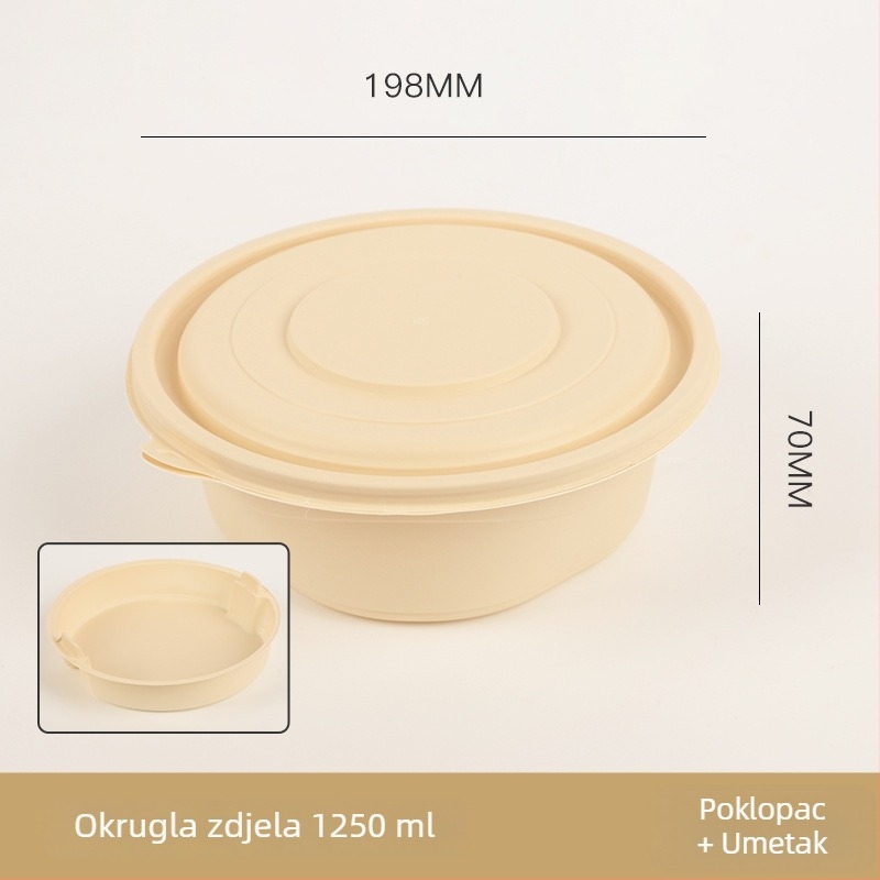 Jednokratna zdjela za hranu od kukuričinog škroba, biološki razgradiva, s poklopcem, kružnog oblika s kariranim uzorkom, debela za ponijeti obrok.
