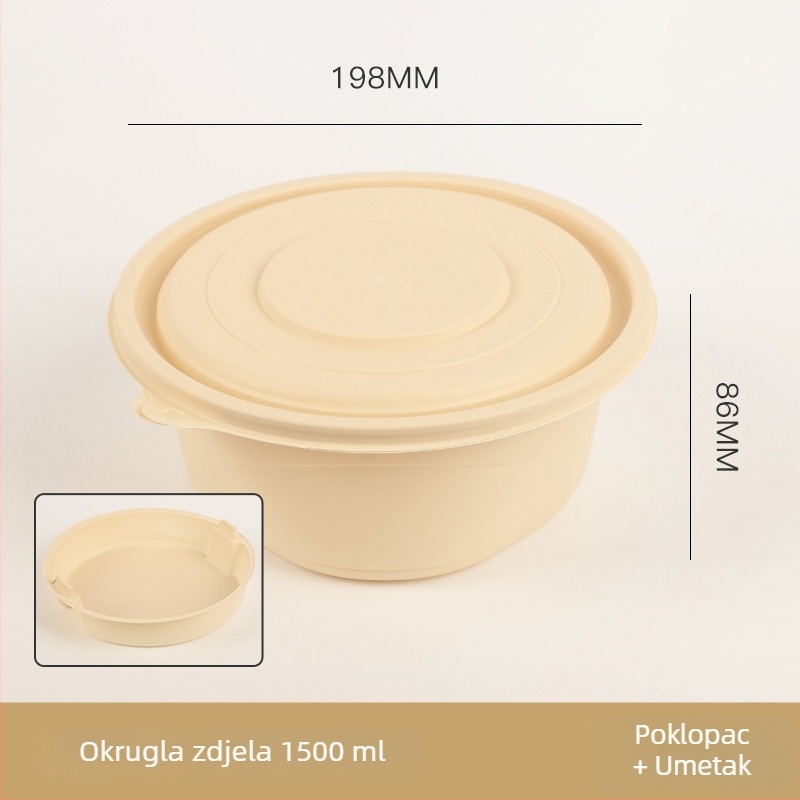 Jednokratna zdjela za hranu od kukuričinog škroba, biološki razgradiva, s poklopcem, kružnog oblika s kariranim uzorkom, debela za ponijeti obrok.